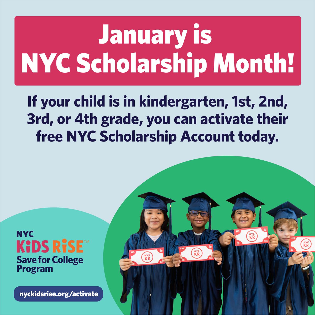 January is #NYCScholarshipMonth! ​​
That means ALL families in the @nyckidsrise #SaveForCollege Program—including all new students joining this school year—can now activate and view their kids' free NYC Scholarship Accounts for college + career training! nyckidsrise.org/activate