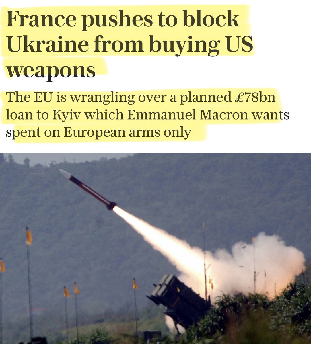 Artemisfornow's tweet image. Ahh, and the truth … finally

France is blocking Ukraine from buying US weapons with EU money.

Looking suspiciously like nothing to do with democracy and everything to do with the EU profiting from EU funds.

Young soldiers are just collateral on the alter of profit.