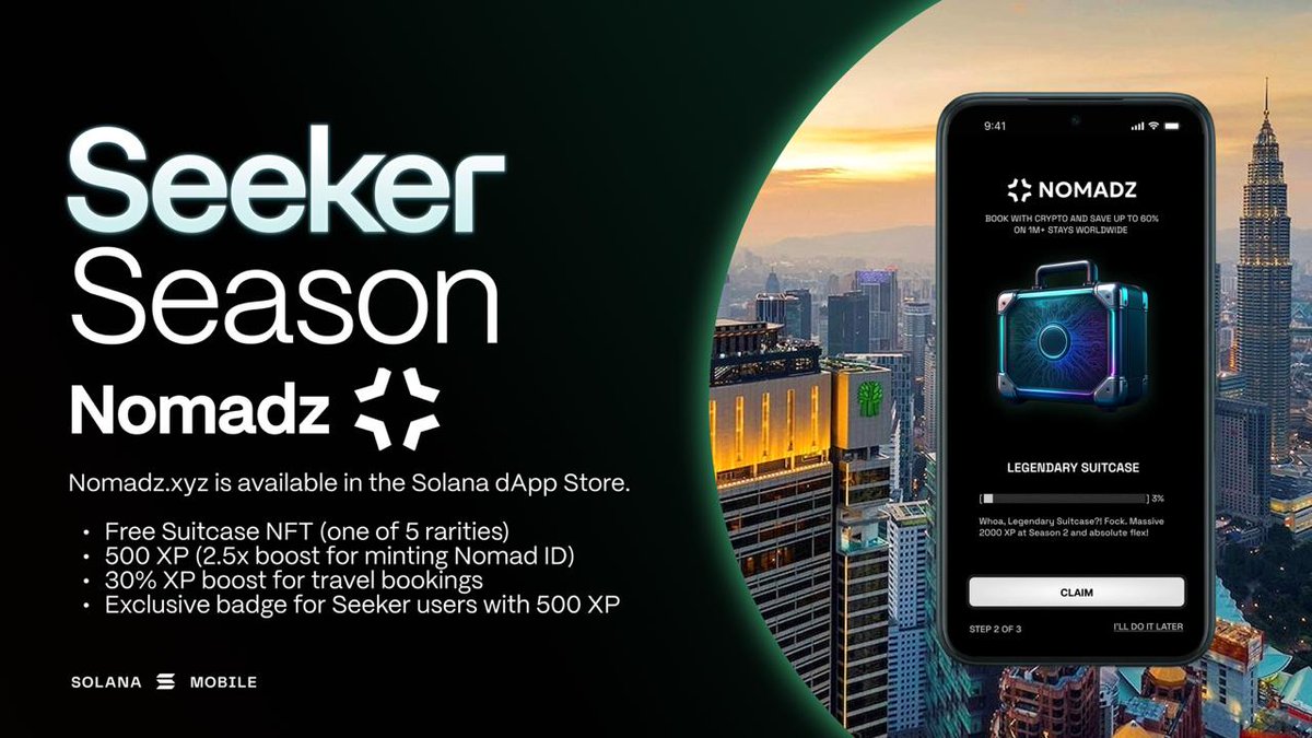 Touch grass this Seeker Season with <a href="/NOMADZxyz/">Nomadz 🧳</a> 🛫

Book 1M+ hotel stays up to 60% cheaper. Pay with USDC.

Seeker exclusives:
- Free Suitcase NFT
- 500 XP + 2.5x Nomad ID mint boost
- 30% XP boost on bookings

Live now on the Solana dApp Store.