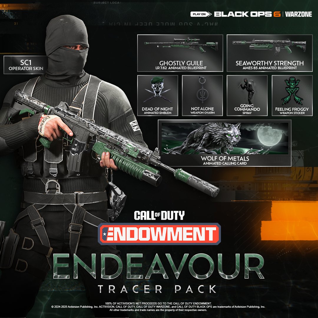 CODE4Vets's tweet image. Endeavour through darkness with the COMEBACK of the Call of Duty Endowment (C.O.D.E.) Endeavour: Tracer Pack on #BlackOps6 and #Warzone. This pack features two Animated Weapon Blueprints, Finishing Move, Spray, &amp;amp; more! Available at callofduty.com/endeavour ⚔️

100% of Activision's…