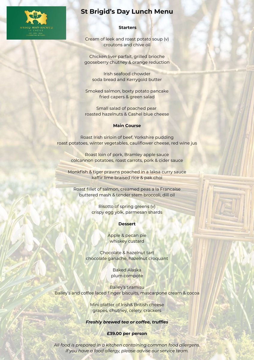 The JIS are delighted to invite you to our St Brigid’s Day Celebration ☘️
attached are full details and delicious Irish themed menu 😋
To book please email jerseyirishevents@gmail.com