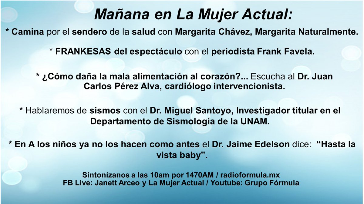 ¡Te esperamos! <a href="/MargaritaNatur1/">Margarita Naturalmente</a> <a href="/drperezalva/">Dr. JC Pérez Alva</a> #Lamalaalimentaciónyelcorazón <a href="/SismologicoMX/">Sismologico Nacional</a> <a href="/GeofisicaUNAM/">Instituto de Geofísica, UNAM</a> <a href="/jedelson55/">Jaime Edelson</a> #Frankesasdelespectáculo #FrankFavela