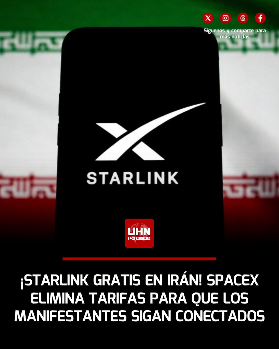 🇺🇸🇮🇷‼️ | ÚLTIMA HORA — SpaceX anuncia acceso gratuito a internet vía Starlink en Irán durante el apagón nacional impuesto por el régimen dictatorial en medio de las protestas mortales, eliminando todas las tarifas de suscripción para permitir que los iraníes permanezcan