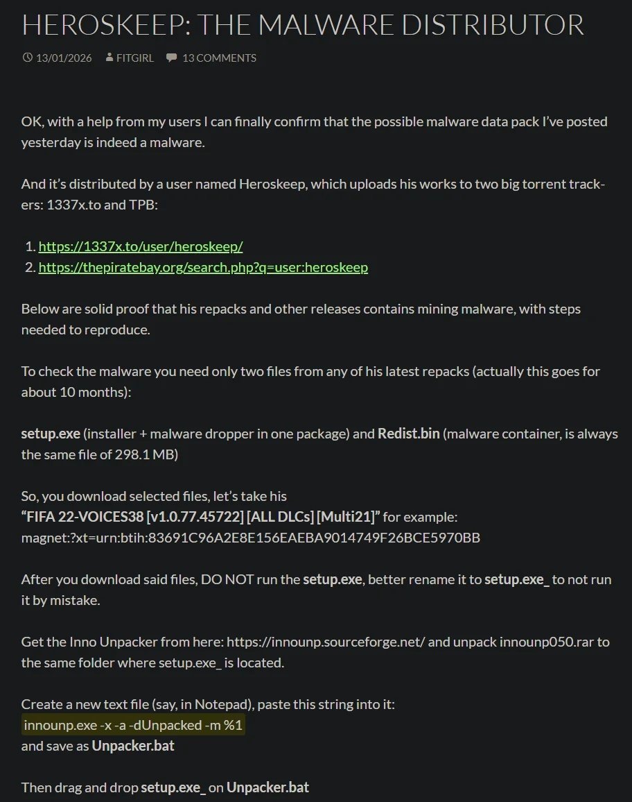 SenhorLinguica's tweet image. CONFIRMADO por FitGirl que Heroskeep, distribuía malwares nos seus repacks em sites como 1337x e The Pirate Bay!

O malware usa sua GPU para minerar criptomoedas.