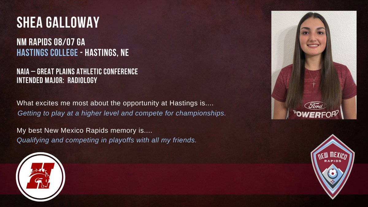 NMRapidsSC's tweet photo. We would like to feature our NM Rapids player: Shea Galloway who has made a commitment to play soccer for Hastings College
Hastings, NE. We are so proud of you!
⚽️⭐️⚽️⭐️⚽️⭐️⚽️⭐️⚽️⭐️⚽️⭐️
#nmrapids #NMRapidsPride #Congratulations https://t.co/Ox2PPw3CyK