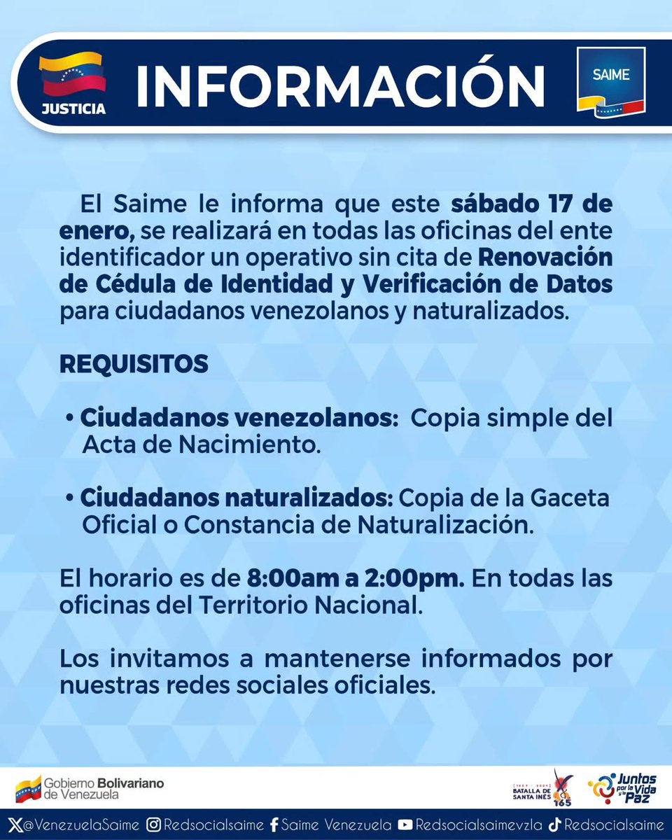 El Servicio Administrativo de Identificación, Migración y Extranjería (Saime) anunció que el sábado 17 de enero realizará un operativo especial sin cita para la renovación de la cédula de identidad y la verificación de datos en todas sus oficinas del país.