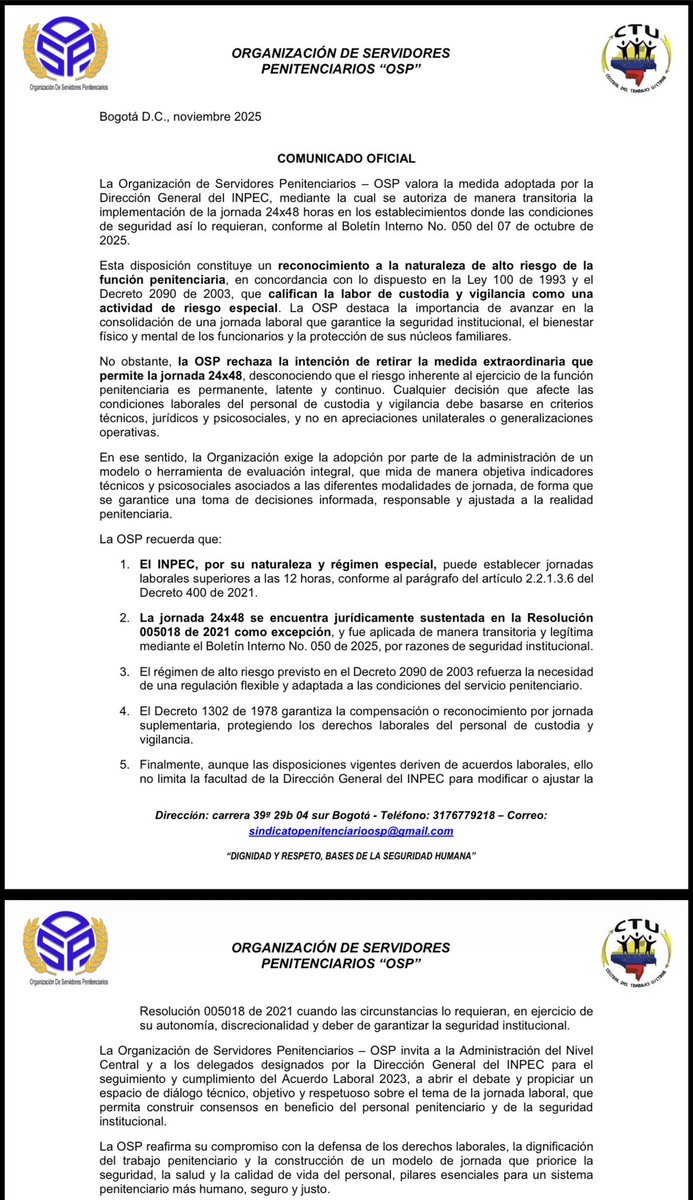 La Organización de Servidores Penitenciarios –  <a href="/ospinpec/">OSP</a> , valora la medida transitoria adoptada por la
Dirección General del INPEC, mediante la cual se autoriza de manera transitoria la
implementación de la jornada 24x48 horas en los establecimientos donde las condiciones
de