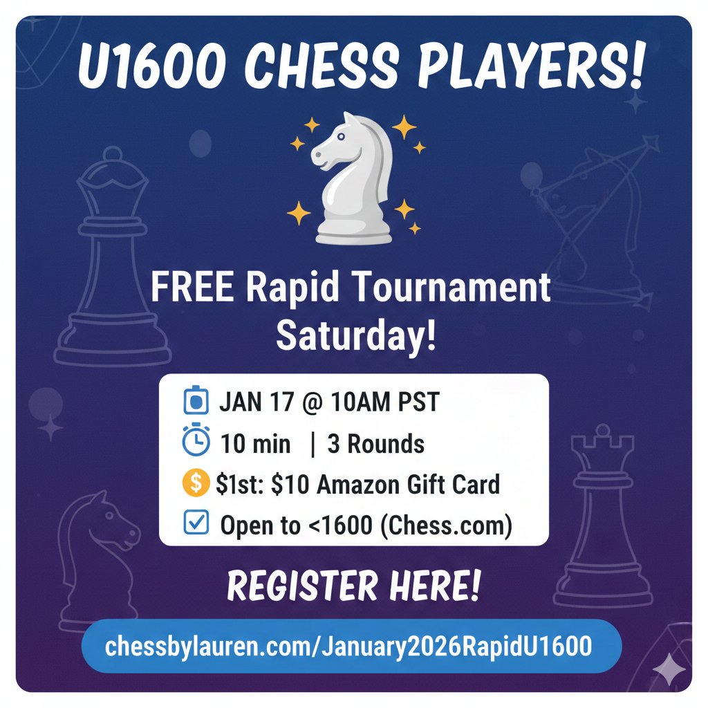 Calling U1600 Chess Players! ♟️✨

Join my FREE Rapid Tournament this Saturday!

📅 Jan 17 @ 10AM PST ⏱️ 10 min | 3 Rounds 💰 $1st: $10 Amazon Gift Card ✅ Open to <1600 (Chess.com)
Register here: chessbylauren.com/blog/January20…
#Chess <a href="/chesscom/">Chess.com</a>