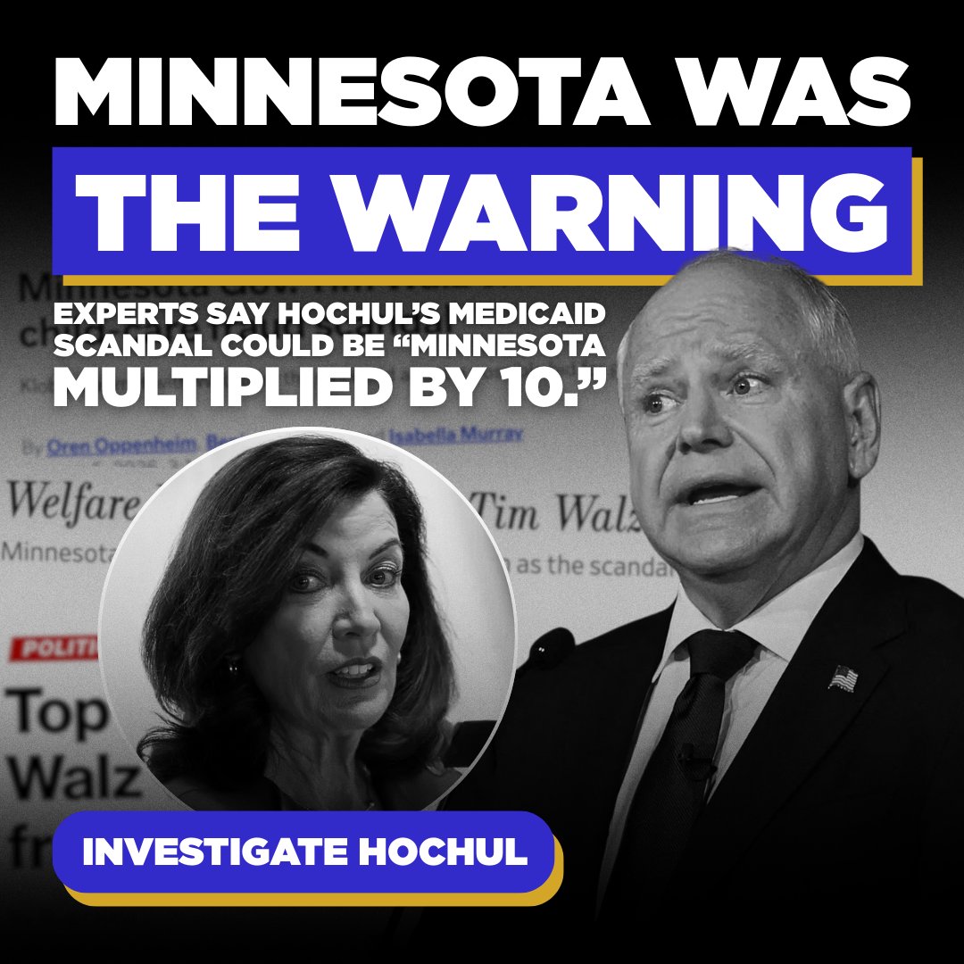 NassauExec's tweet image. Minnesota did not collapse into fraud overnight.

Under Tim Walz, warning signs were ignored until billions were already gone.

Now experts are raising the alarm about New York under Kathy Hochul.

New Yorkers should not wait until the damage is irreversible.

Demand an…