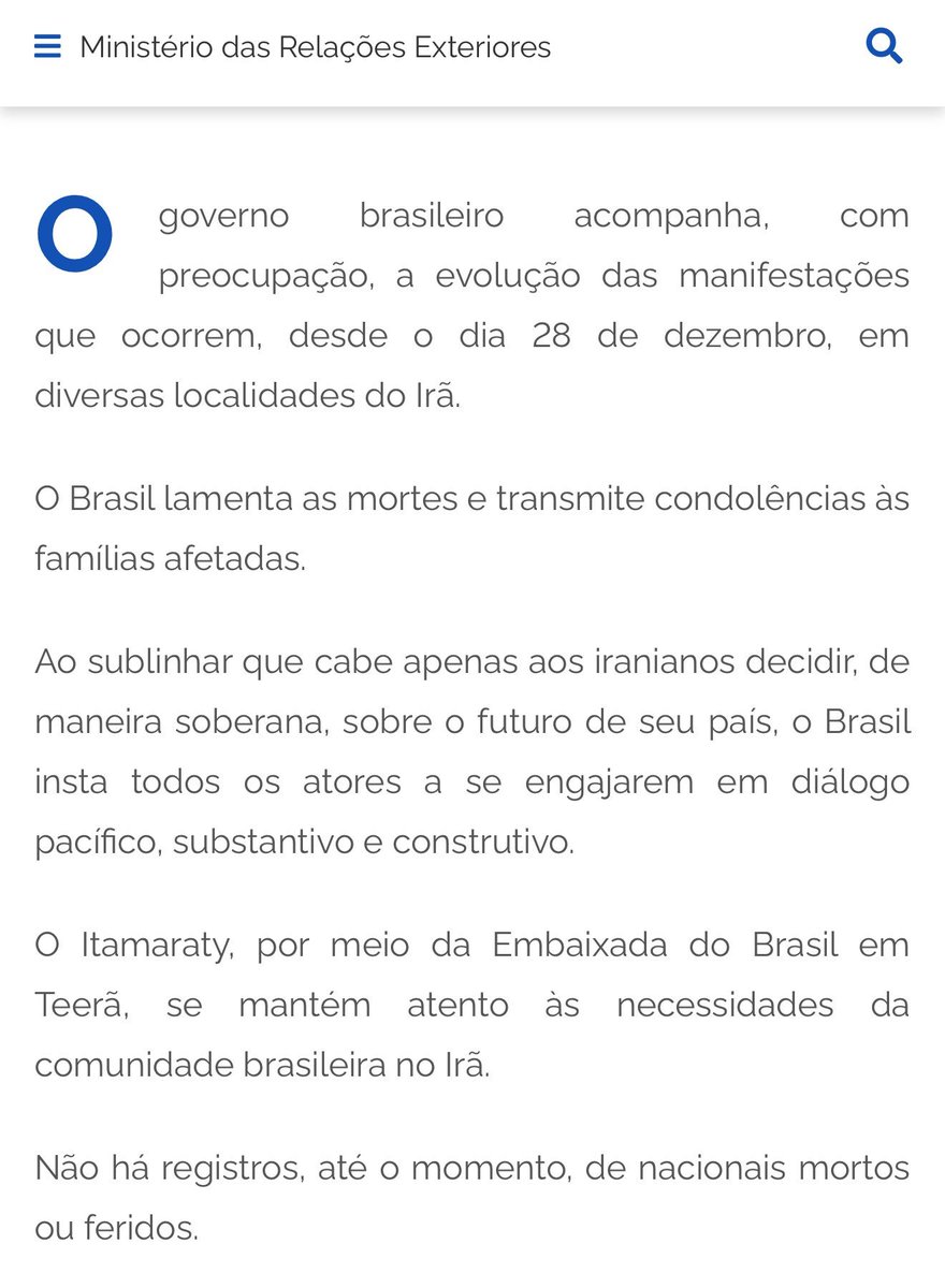 leandroruschel's tweet image. Que nota vergonhosa do Itamaraty.

Não há uma vírgula de condenação ao regime iraniano — um regime brutal que está matando em massa o próprio povo.

E, para piorar, ainda vem com esse papo de “soberania” para que o povo decida o futuro do país.

O povo já decidiu: não quer mais…