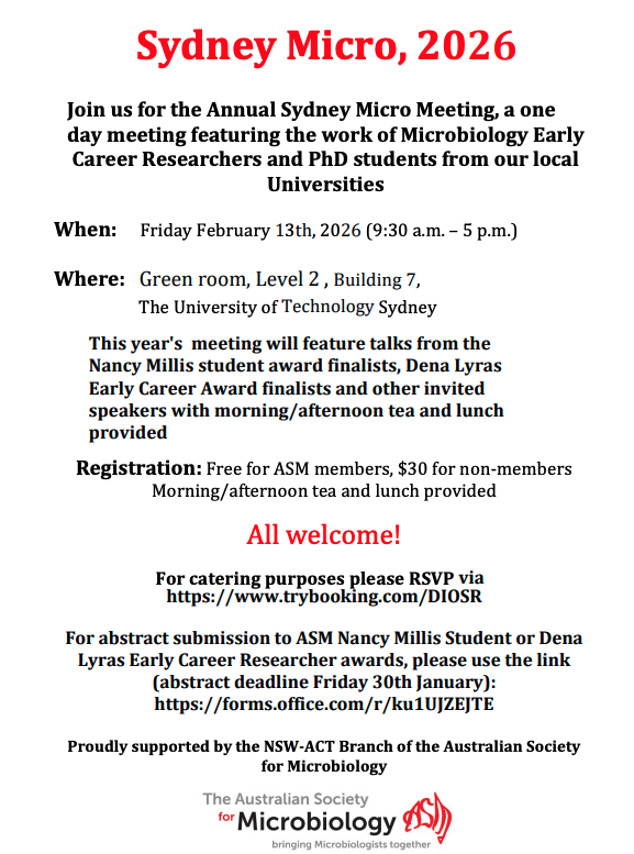 ASM_NSWACT's tweet photo. 📢 Call for Abstracts: ASM Nancy Millis Student Award &amp; ASM Dena Lyras Early Career Research Award !!
🔗 More details: https://t.co/ZBxyYJbYRw 
📝 Abstract submission deadline: 30 January
👉 Submit here: https://t.co/4aAuv7mxav
🎟 RSVP: https://t.co/6S0GKnQ3AT https://t.co/SIdUsHM4xR