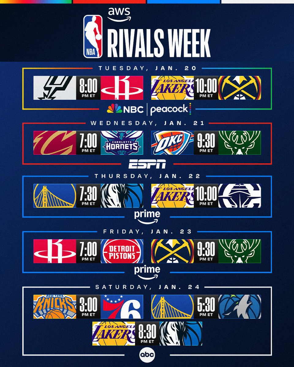NBA's tweet image. One week away from AWS NBA Rivals Week tipping off! 🔥

Classic and budding rivalries will take center stage from Tuesday 1/20 through Saturday 1/24.

Watch all the action on NBC and Peacock, ABC, ESPN and Prime!