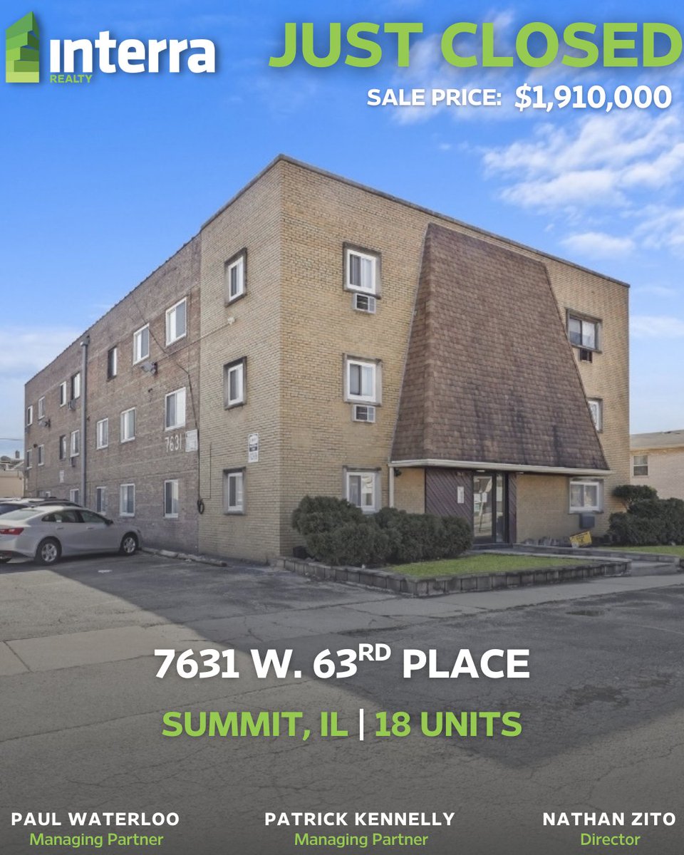 InterraRealty's tweet image. JUST CLOSED | Summit, IL
Congratulations to Interra Realty's Paul Waterloo, Patrick Kennelly, and Nathan Zito for their recent closing in Summit, IL. The multifamily property consists of 18 units and sold for $1,910,000.

#CRE #Illinois #RealEstate #Multifamily