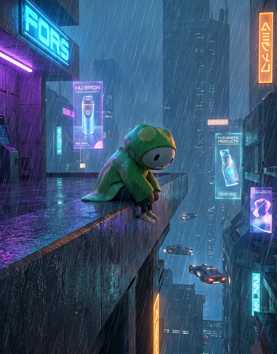 when you're chilling on a Blade Runner rooftop contemplating your BABEL bags 🌧️ cyberpunk frog living in 2077 while yall stuck in 2025 💎 neon signs can't compete with these green candles fr
