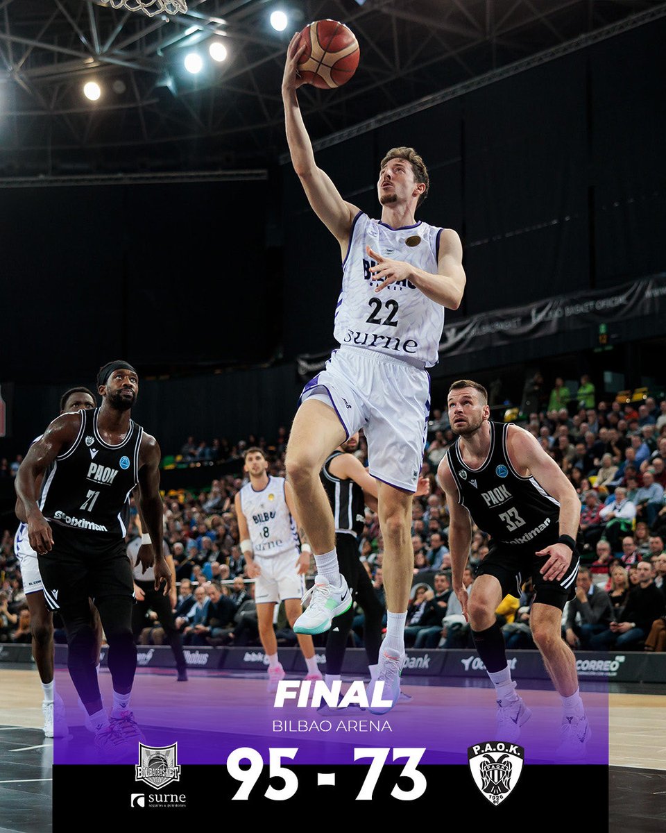 GARAIPENA! 🖤😎

Surne Bilbao da un paso de gigante en busca de los cuartos tras doblegar a PAOK en el revival de la final. 

Eskerrik asko Miribilla! 🔥