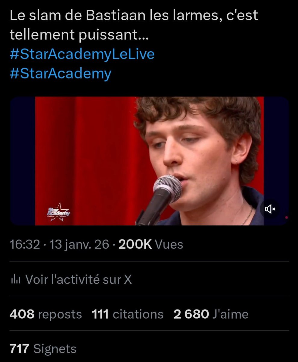 Les stats???? Je suis choquée 😱
Il a mis TOUT LE MONDE d’accord 🥹
Aux rageux : être artiste, c’est pas juste la puissance vocale. C’est l’interprétation, l’émotion, les messages.
Et lui, il a TOUT: ARTISTE COMPLET🎶✨
#StarAcademy
 #staracademylelive