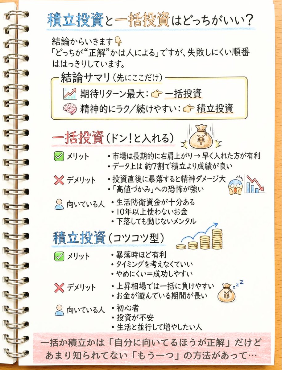 高市首相が衆議院解散の検討に入って、日経平均株価が史上最高値の5万3000円台になったけど「 積立投資と一括投資はどっちがいいの？  」とよく聞かれます。わたしは積立投資をやってます。「 自分に合うほう 」が正解なんだけど失敗しにくいのは…