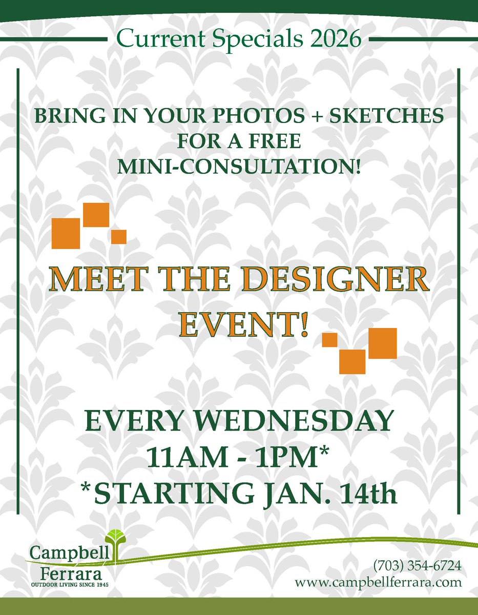 Starting tomorrow, Wednesday 14th from 11AM until 1PM we will be hosting our first in a series of Meet the Designer Events at our location! Bring your photos and sketches for a free mini design consultation. Every Wednesday until noted otherwise. See you inside!