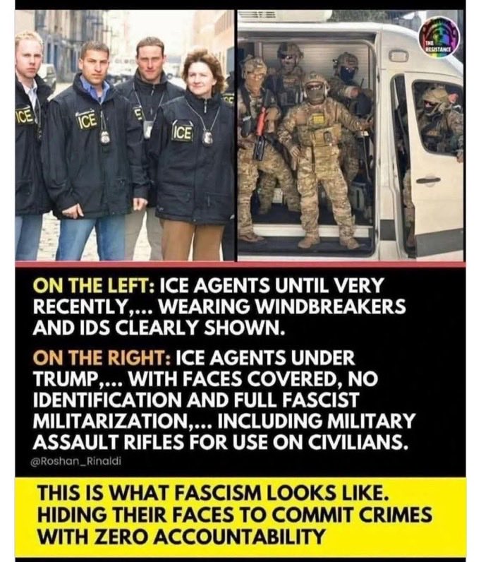 lisakrstin's tweet image. #DemsUnited #DV1
This is what  ICE agents looked like under Obama and Biden.  They also carried IDs warrants and badges.
On the right, this is what  ICE agents look like under Trump.
How many Proud Boys, Oath Keepers, and neo-Nazis are under those masks?