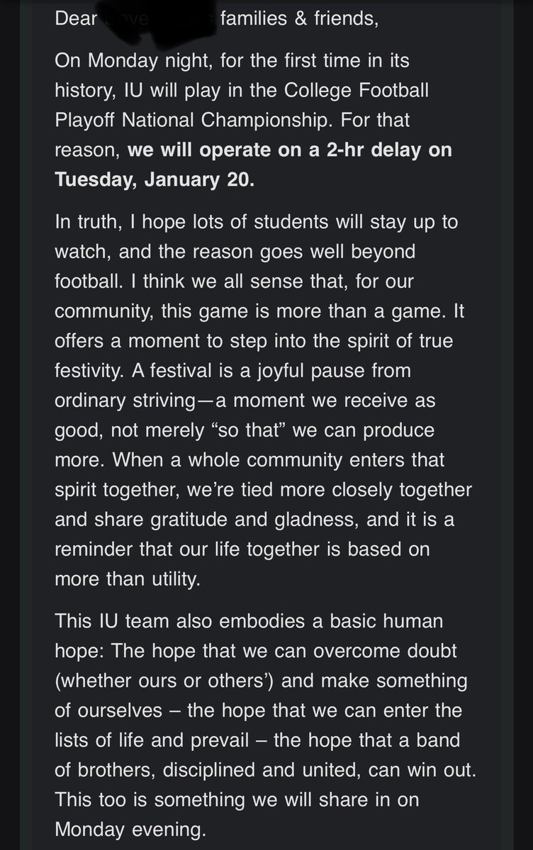 arobmoney's tweet image. Daughter’s school has announced a 2-hour delay on Tuesday in light of the Hoosiers playing for a national championship. The headmaster puts into brief but eloquent words why sports and community matter in general and why this Indiana team matters so damn much.