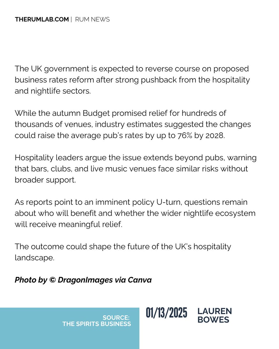 therumlab's tweet image. UK pub business rates reform may be heading for a U-turn. Industry groups warn proposed hikes could hit pubs, bars, and nightlife venues hard.

What’s changing—and who’s still left out?

📩 Subscribe to our newsletter!

therumlab.com/signup/

#TheRumLab #RumNews