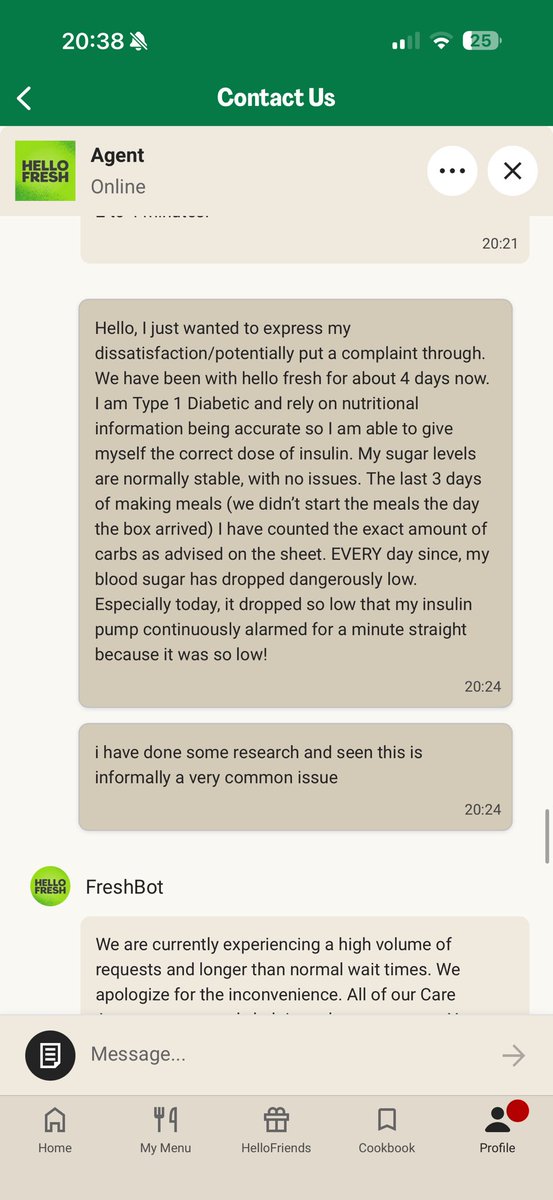 grak2828's tweet photo. Just wanted to share how upset I am with how @HelloFreshUK have handled a conversation this evening. I felt carbs were too high on their info so I contacted them, only to be told my subscription is now cancelled as it’s “clearly not working for me” #HelloFresh #Type1Diabetes https://t.co/D8vT77TgFZ