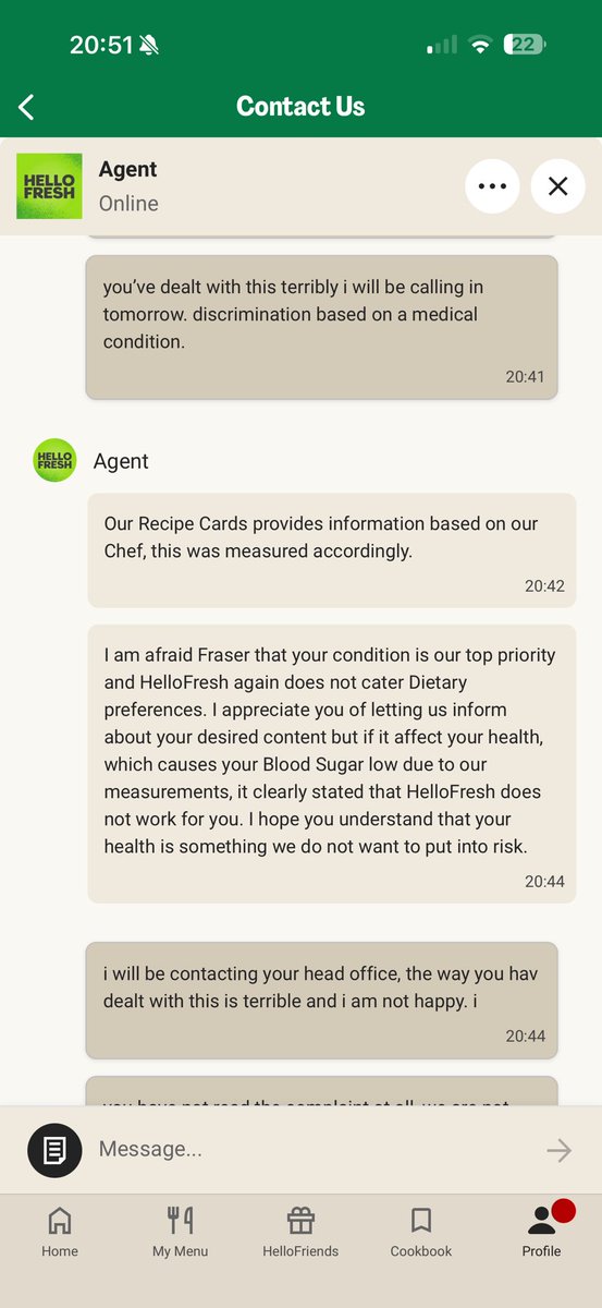 grak2828's tweet photo. Just wanted to share how upset I am with how @HelloFreshUK have handled a conversation this evening. I felt carbs were too high on their info so I contacted them, only to be told my subscription is now cancelled as it’s “clearly not working for me” #HelloFresh #Type1Diabetes https://t.co/D8vT77TgFZ
