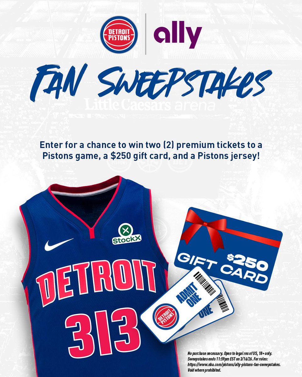 Enter the <a href="/Ally/">Ally</a> Sweepstakes for a shot at scoring two premium Pistons tickets, a $250 gift card, and an official Pistons jersey!

Enter ➡️ nba.com/pistons/ally-p…