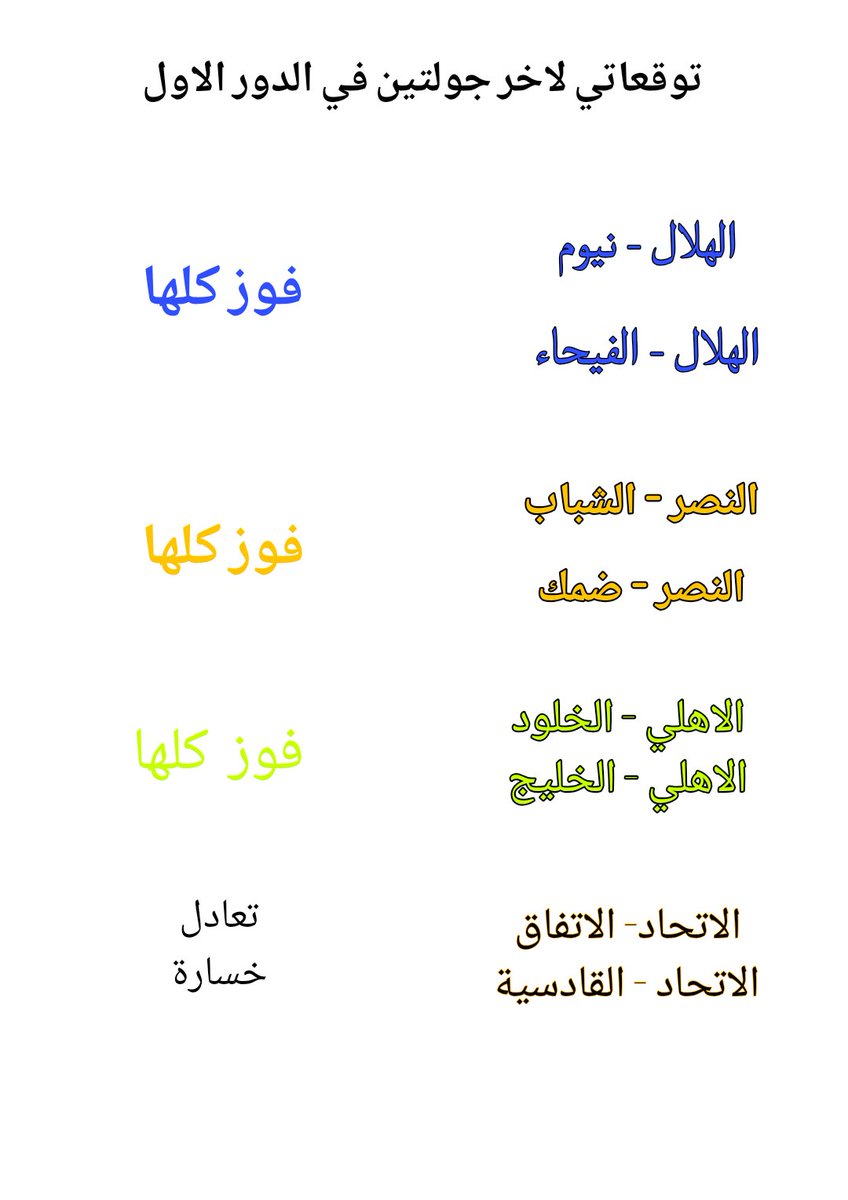 #دوري_روشن_السعودي

توقعاتي لاخر جولتين في الدور الاول 

للاسف راح نودع الاتحاد و راح تنحصر المنافسة بين الهلال و النصر و الاهلي و القادسية و التعاون
