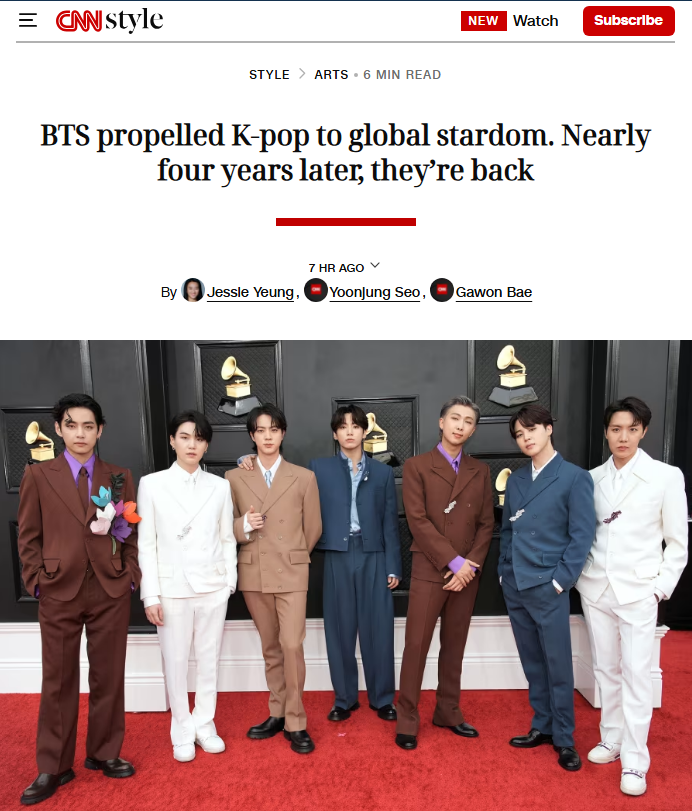 FINALLY!    THEY GOT IT RIGHT THIS TIME!!!

"And despite the saturated market, he said, BTS has the distinct advantage of being the first to transform the industry — an impact that has elevated them in status, longevity and influence despite their long hiatus."

“BTS is not just