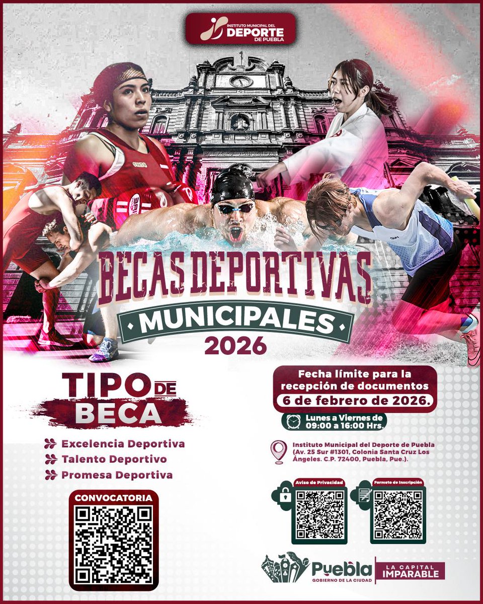 🏅💪 Becas Deportivas Municipales 2026 | Puebla
Convocatoria abierta para impulsar a deportistas poblanos.
📝 Registro: 6 de enero – 6 de febrero de 2026
Consulta requisitos y participa 👉 bit.ly/49Jmv5o
#Convocatorias2026 #DeportePoblano