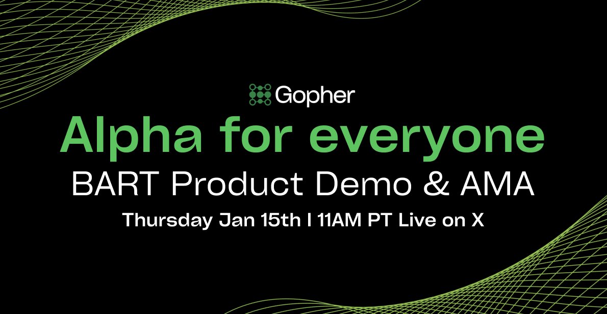 gopher_ai's tweet image. Alpha for Everyone returns this Thursday.

We’ll be demoing our latest product and answering community questions live.

🗓️ Thursday 15th · 11am PT
📍 Live on X