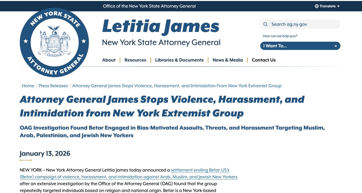 Etanetan23's tweet image. 🚨Far-Right group Betar to close in New York after state investigation. 

"My office is ending @Betar_USA  campaign that engaged in bias-motivated assaults, threats, and harassment targeting Muslim, Arab, Palestinian, and Jewish New Yorkers," @NewYorkStateAG says.