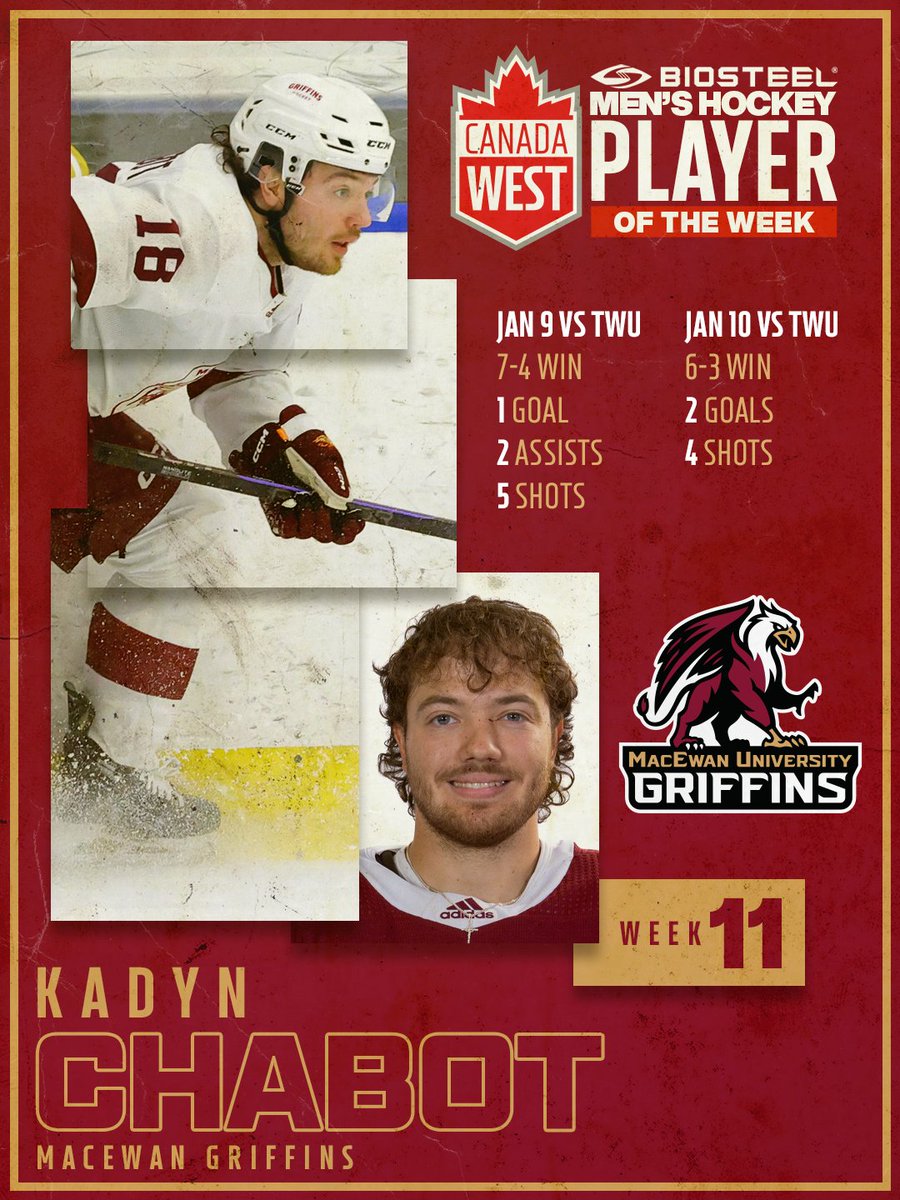 MacEwanGriffins's tweet photo. Congrats to @GriffinsMHKY forward Kadyn Chabot, who nets his second @CanadaWest BioSteel men's hockey Player of the Week honour of 2025/26!

His five-point weekend included breaking the program's single season goals record.
#GriffNation

STORY➡️https://t.co/usCcNTrKZk https://t.co/MmnQbSIu20