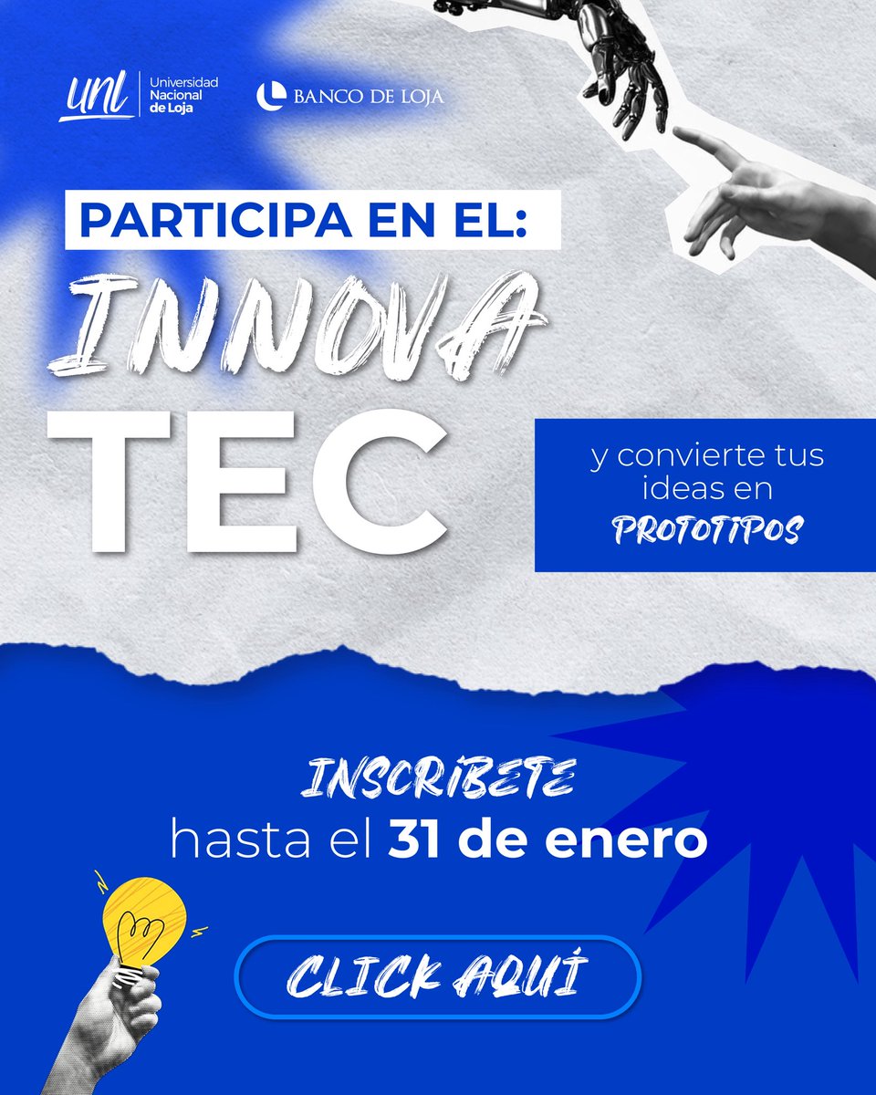 💡 ¿Tienes una idea que puede cambiarlo todo?

Este es tu momento 🚀

👩‍💻 Si eres parte de la #UNL y te apasiona crear, proponer y construir soluciones, este espacio es para ti.

🗓️ Inscripciones abiertas hasta el 31 de enero

🔗 unl.edu.ec/innovatec

#InnovaTEC