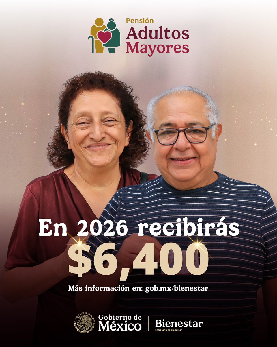 ❤️ #PensiónAdultoMayor ❤️
Si eres derechohabiente de la #PensiónAdultoMayor, en 2026 recibirás $6,400 pesos bimestrales.

El depósito se realiza de acuerdo con la primera letra de tu apellido. Consulta el calendario de fechas en gob.mx/bienestar .

#HumanismoMexicano
