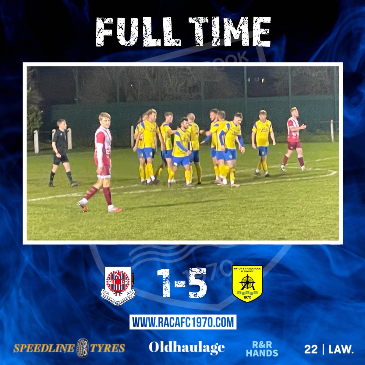 FULL TIME!

Five Star RACA. A hat-trick from Louis Anderson and strikes from Louis Calvert and Callum Johnston earn Albion a big win on the road. The hosts, who were reduced to 10 men inside 19 minutes, got a late consolation. 

Seaham 1-5 RACA

#RACA🔵⚫️