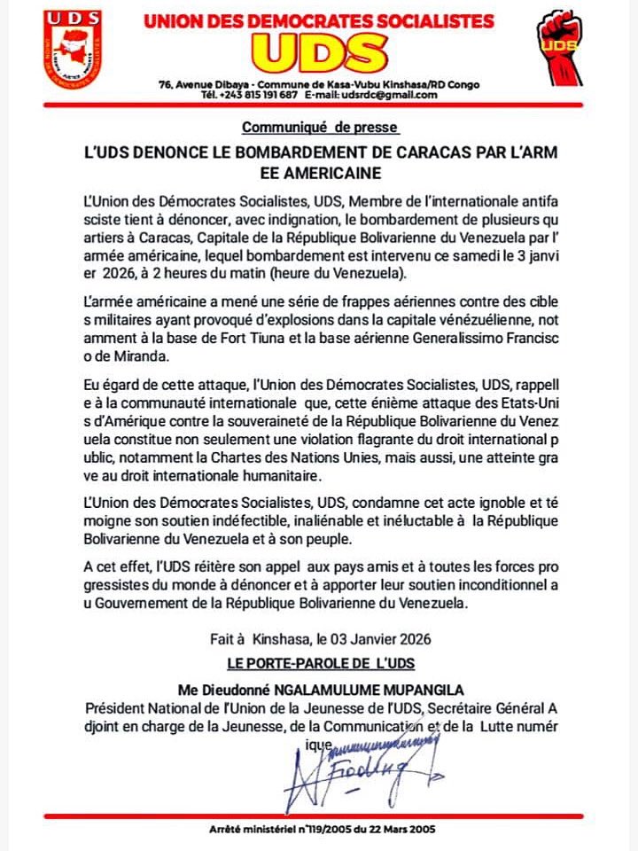 La Unión de los Demócratas Socialistas de la RD Congo denuncia y condena los bombardeos contra el territorio y pueblo venezolanos, el 03/01/2026. Asimismo, hace un llamado a apoyar incondicionalmente al Gobierno Bolivariano.
<a href="/yvangil/">Yvan Gil</a>
#LosQueremosDeVuelta
#VenezuelaNoSeRinde