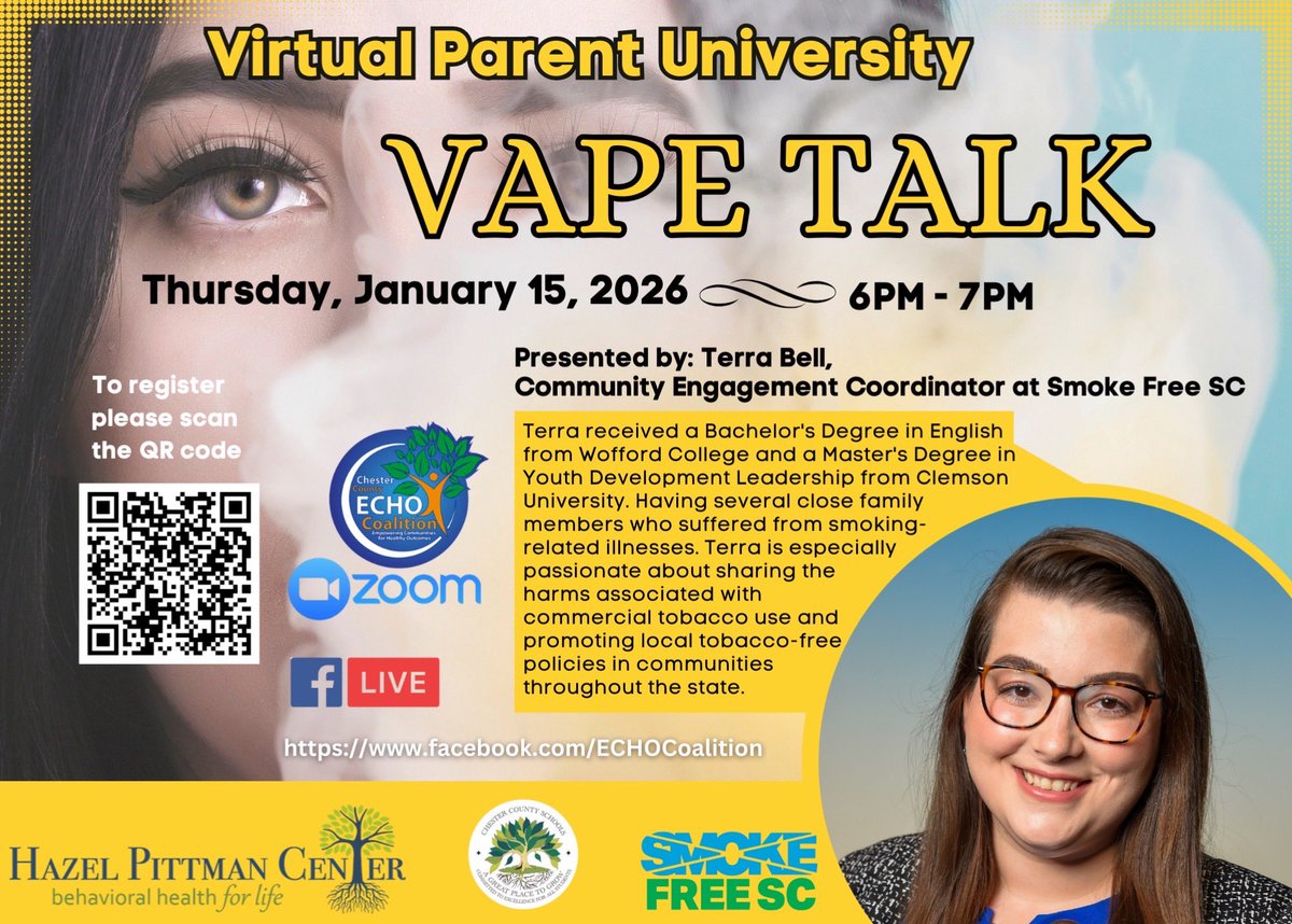 echocoalition's tweet photo. Virtual Parent University: Vape Talk

Please join us on Thursday, January 15th, at 6 pm as we discuss vaping. 

Terra Bell, Community Engagement Coordinator with Smokefree South Carolina, will educate attendees about the youth vaping epidemic.

https://t.co/3OsNAAAg0y https://t.co/41s6jfAv0l