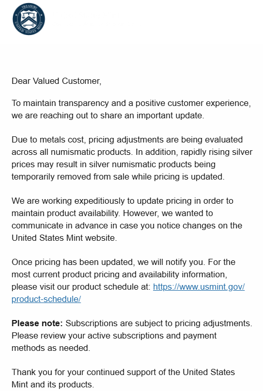 echodatruth's tweet image. 🚨 THIS IS NOT NORMAL. AT ALL. 🚨

The U.S. Mint has SUSPENDED ALL SALES of silver numismatic products.

Read that again.

The official mint of the United States just said:
❌ Prices are moving too fast
❌ They can’t keep silver priced accurately
❌ Products are being pulled…