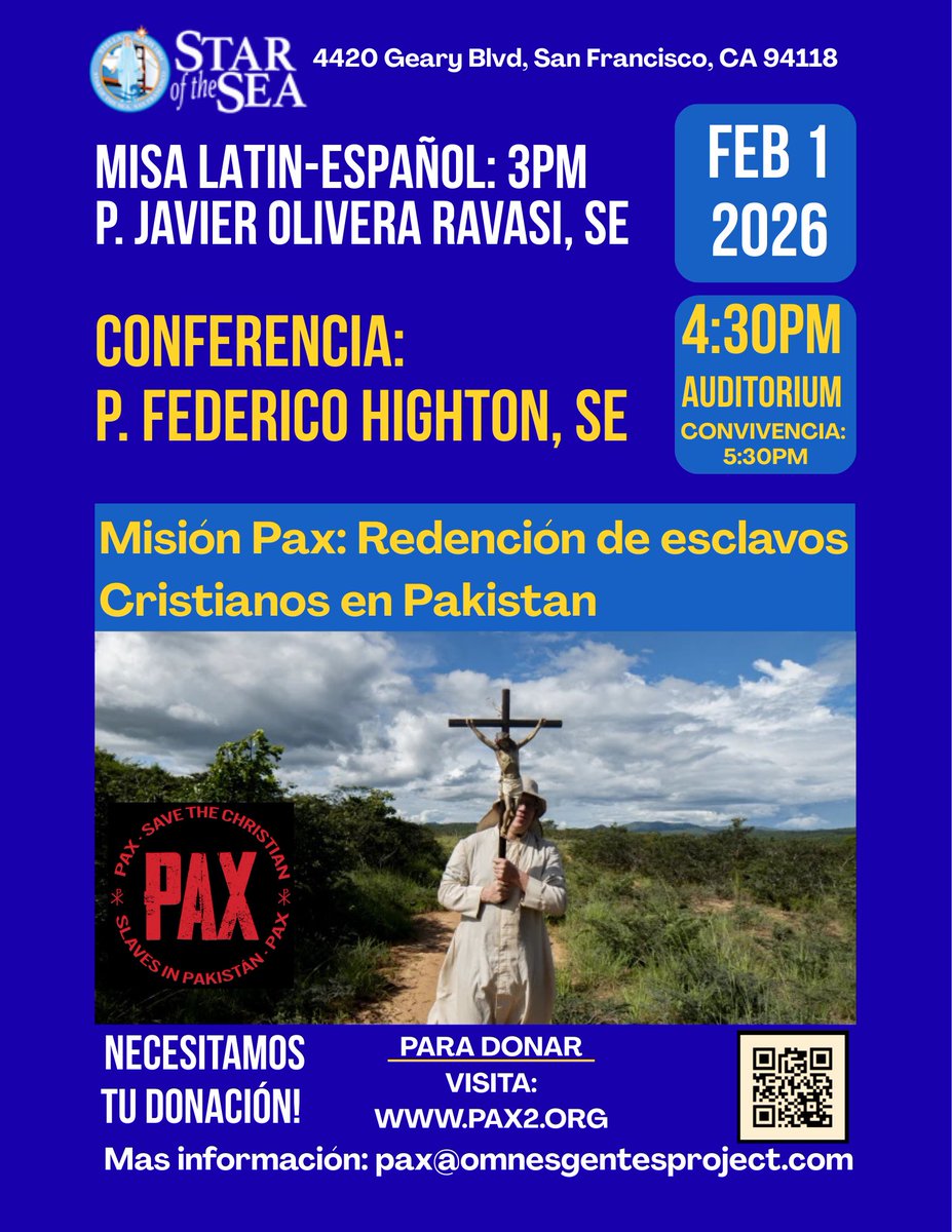 Padre Federico Highton (⁦<a href="/PadreFedericoSE/">Padre Federico</a>⁩) en San Francisco, CA.
“Redención de esclavos cristianos en Pakistán”.
Domingo 1 de febrero 
Parroquia Star of the sea, San Francisco
TLM: 3pm
Conferencia 4.30pm
Se agradece rt