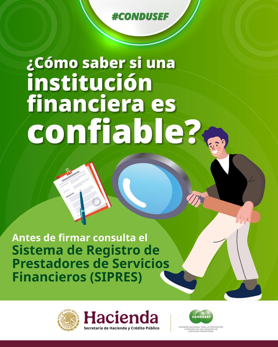 CondusefMX's tweet photo. Antes de contratar cualquier producto o servicio financiero:
✅ Consulta el Sistema de Registro de Prestadores de Servicios Financieros
🔍 Verifica aquí:
https://t.co/pVwgaCd2KQ
#SIPRES #CondusefCercadeTi https://t.co/D9SXlNplt0
