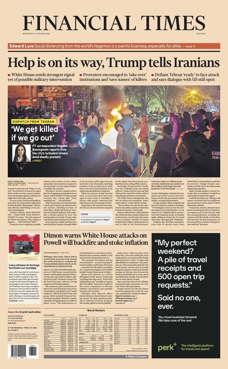 Just published: front page of the Financial Times, international