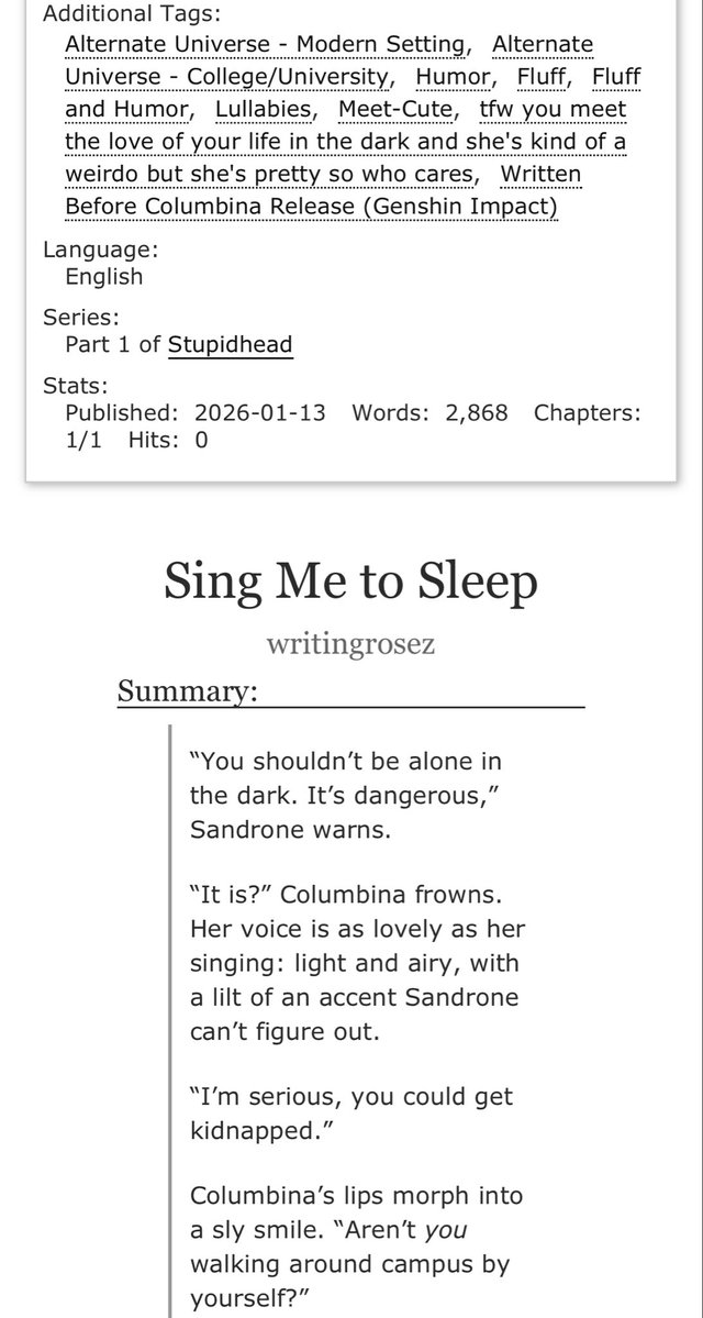 writingrosez's tweet image. 🪽🗝️ #sandbina Fic | Sing Me to Sleep

Introducing my very silly sandbina modern au series featuring Columbina (unintentionally) ragebaiting Sandrone from the moment they meet🙏

(Also my offering to Columbina so she comes home tonight)

🔗 Below!