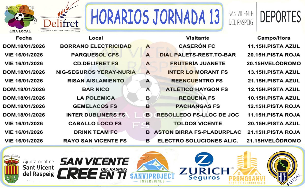 📅|🅷🅾🆁🅰🆁🅸🅾🆂
🏆𝐓𝐄𝐌𝐏𝐎𝐑𝐀𝐃𝐀 𝟐𝟎𝟐𝟓-𝟐𝟎𝟐𝟔

✅𝗡𝘂𝗲𝘃𝗮 𝗝𝗼𝗿𝗻𝗮𝗱𝗮!

👉⌚ #Horarios de la Jornada 13

🔜última jornada de la primera vuelta y estos son los 12 partidos que se disputarán 🙌🏻⚽️

➡️ Viernes 6️⃣ partidos, y el domingo 6️⃣

#𝐋𝐢𝐠𝐚𝐋𝐨𝐜𝐚𝐥