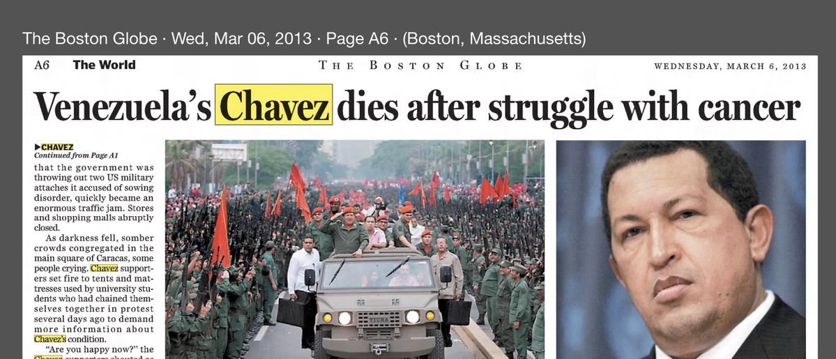 DataRepublican's tweet image. For anyone wondering, here's how the Boston Globe treated the deaths of Hugo Chavez and Fidel Castro.