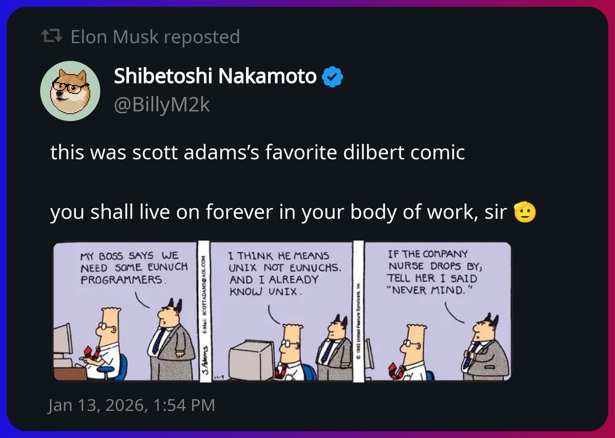 Elon Musk reposted a post from Shibetoshi Nakamoto https://t.co/6we2N4KRl0