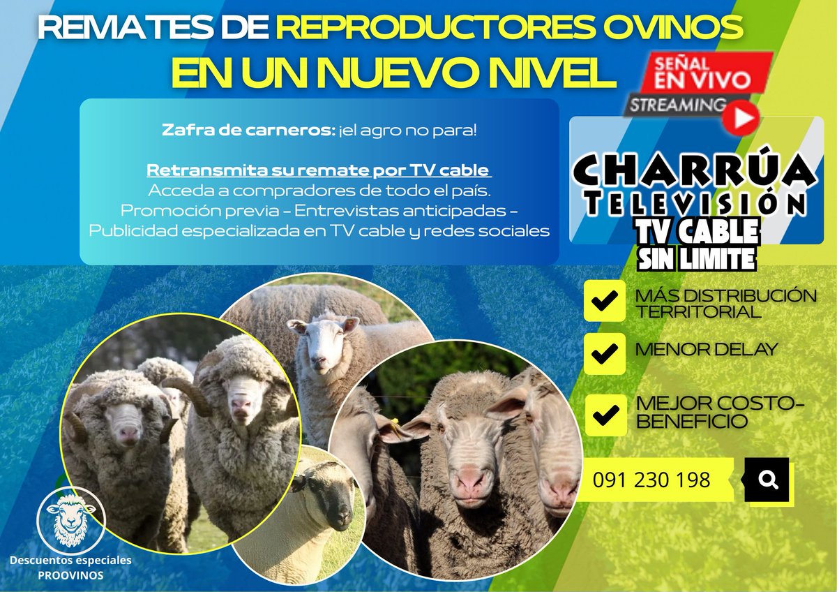 EL CAMPO….DONDE TE ENCUENTRES….!
CHARRUATV MULTIPLATAFORMA
Tv por cable, streaming permanente, redes sociales y aplicaciones
RETRANSMISIÓN DE REMATES GANADEROS EN SIMULTANEO, con el más bajo Delay y llegada a todo el país y sus áreas rurales.
EL MEJOR COSTO BENEFICIO.
Pida su
