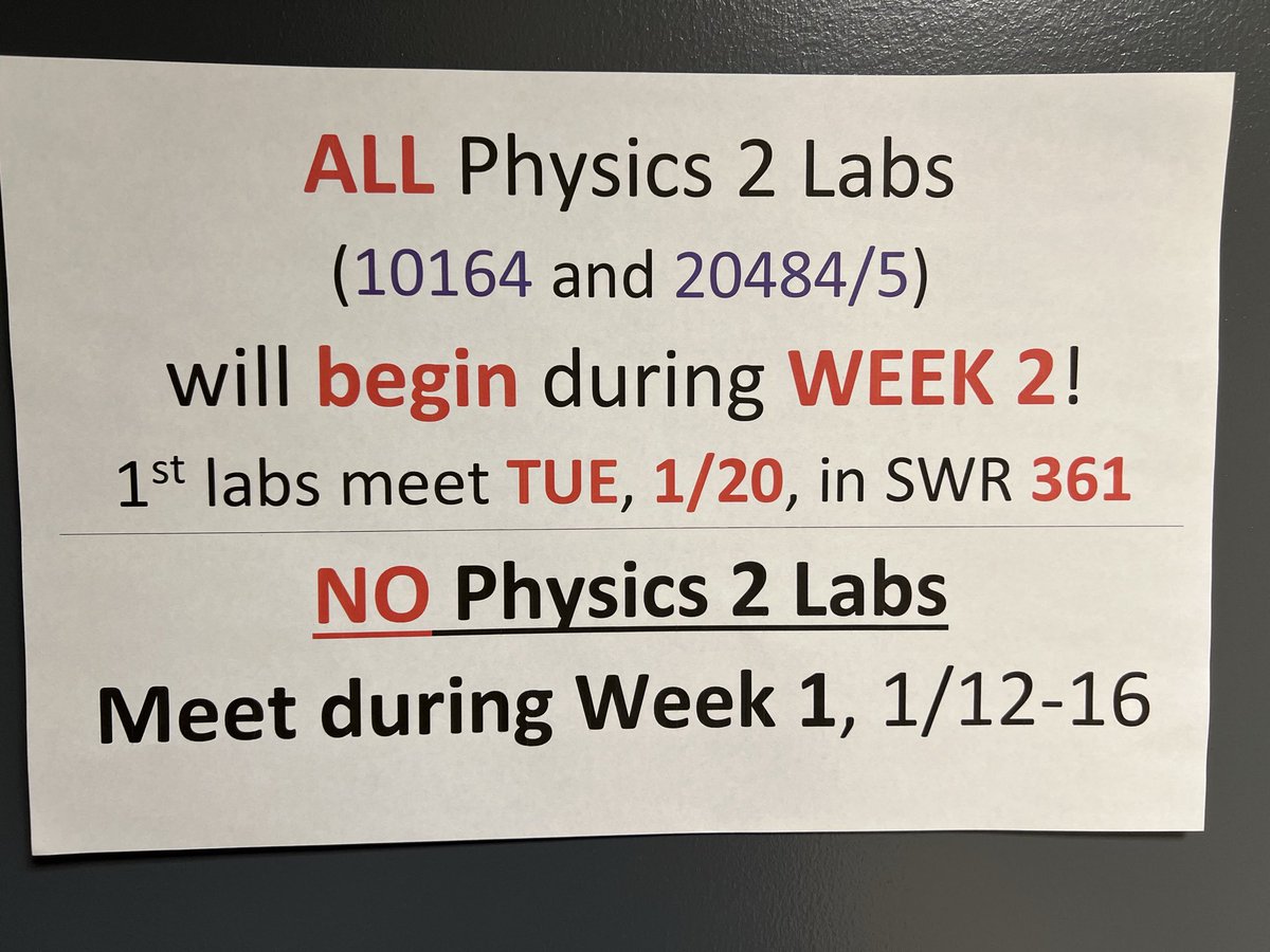Physics II labs start next week. No labs during the first week back at TCU!