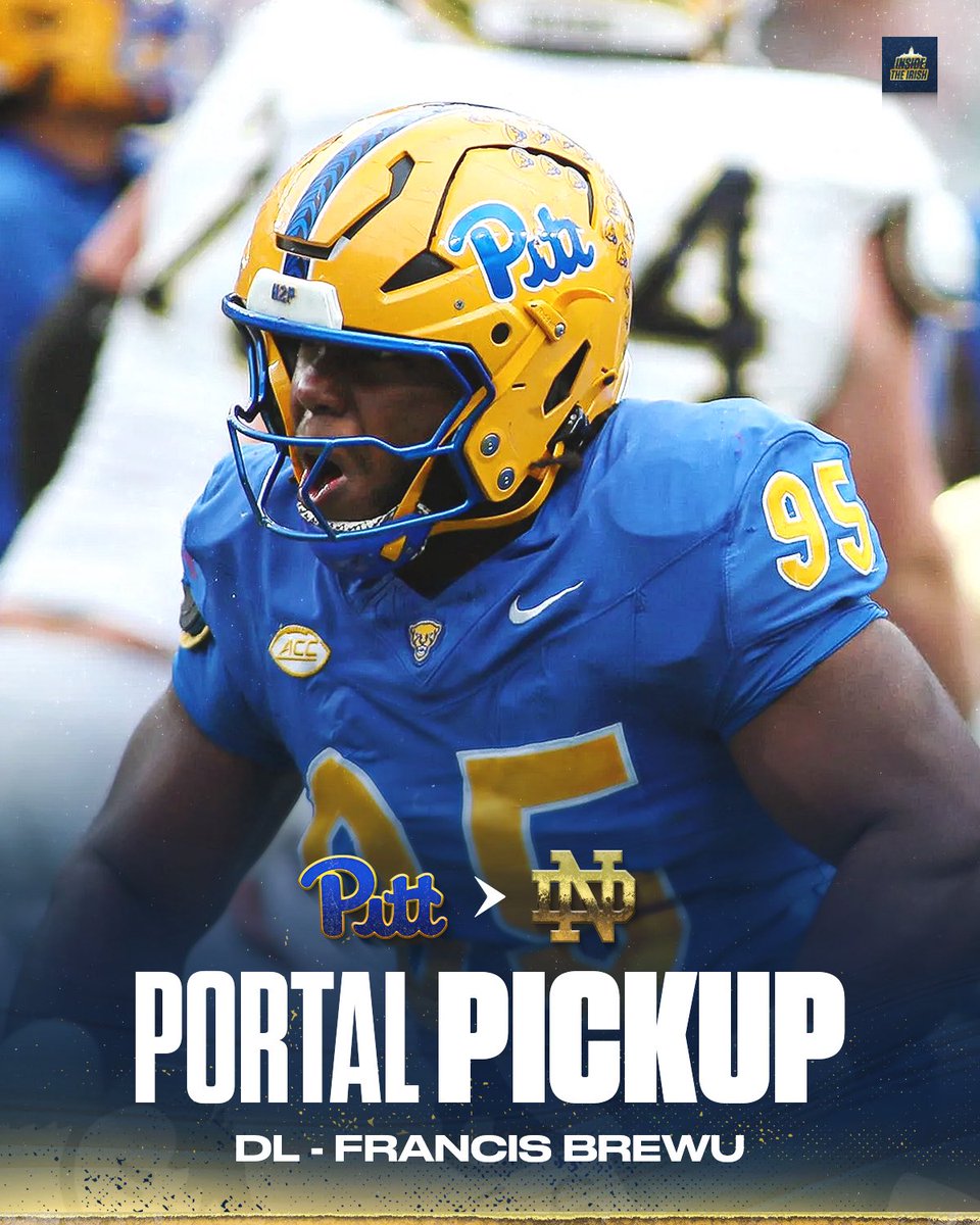 Insidetheirish's tweet image. BOOOM. Pitt transfer DL Francis Brewu has committed to the University of Notre Dame, he announced! #GoIrish ☘️

The 6’2” 280lb defensive lineman is from Westerville, OH and had 18 solo tackles, 1 sack, and 1 forced fumble this season. He is a Sophomore. 

WHAT. A. PICKUP. 😤